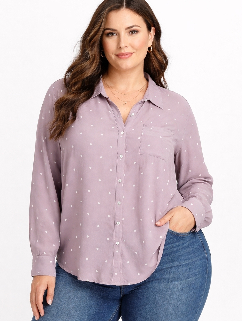 Torrid Polka Dot Blouse Sz 1 Mauve White Button Down Lightweight Top
